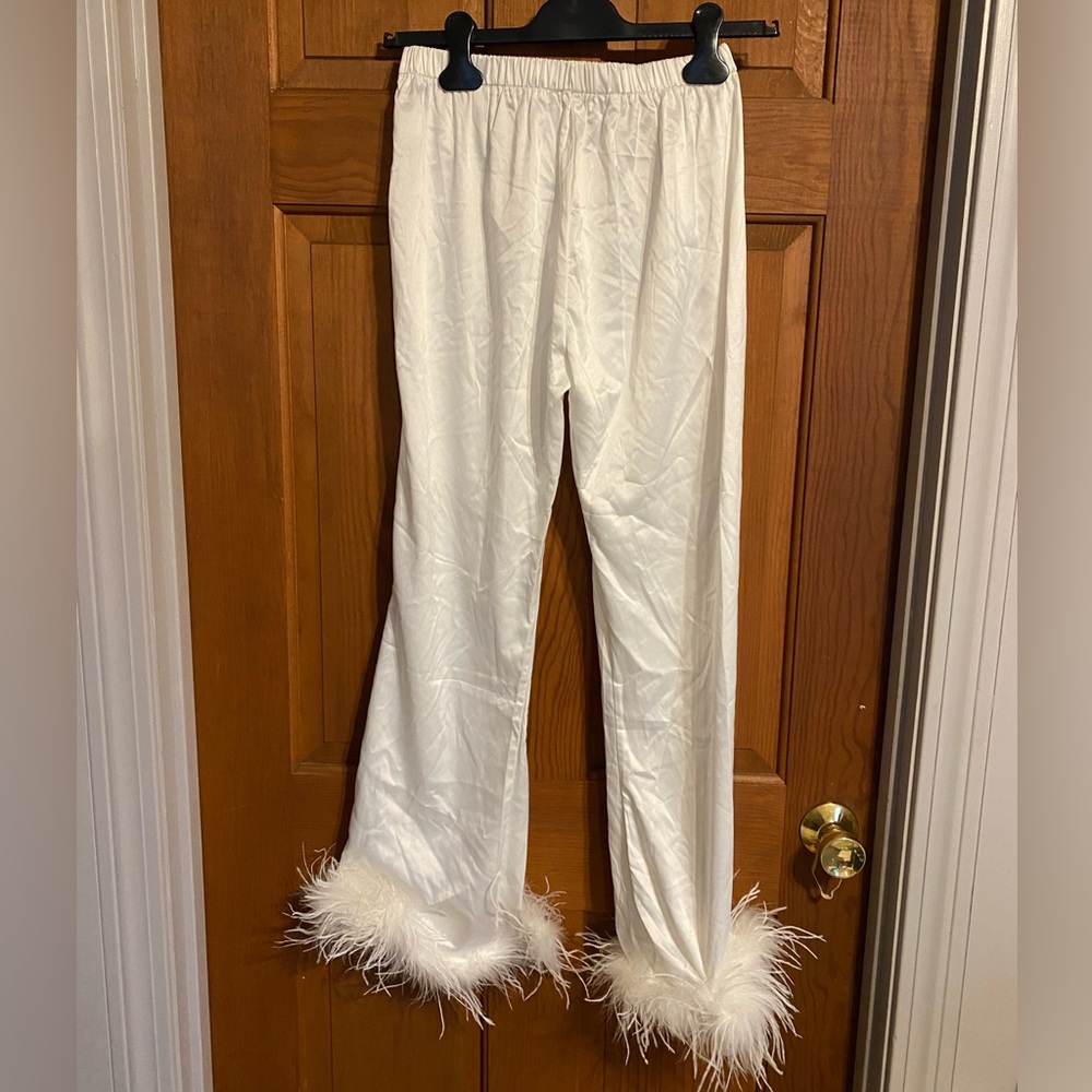 Rumours White Satin Pants with Feather Trim. NWT. Size Medium